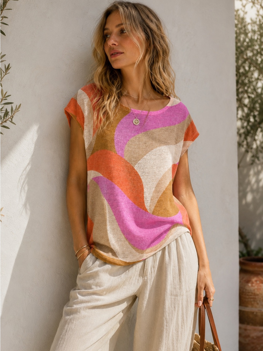 Rachel Zoe Linen Abstract Print Pink Coral Top Medium